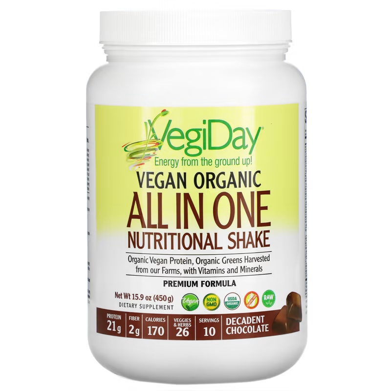 Natural Factors, VegiDay, Vegan Organic All In One Nutritional Shake, Decadent Chocolate, 15.9 oz (450 g)