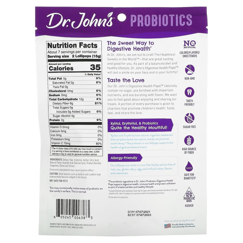 Dr. John's Healthy Sweets, Probiotics, Digestive Health Pops, + Fiber & Vitamin C, Strawberry, Peach & Apple, Sugar Free, 1 Billion, 14 Individually Wrapped Lollipops, 3.85 oz (109 g)