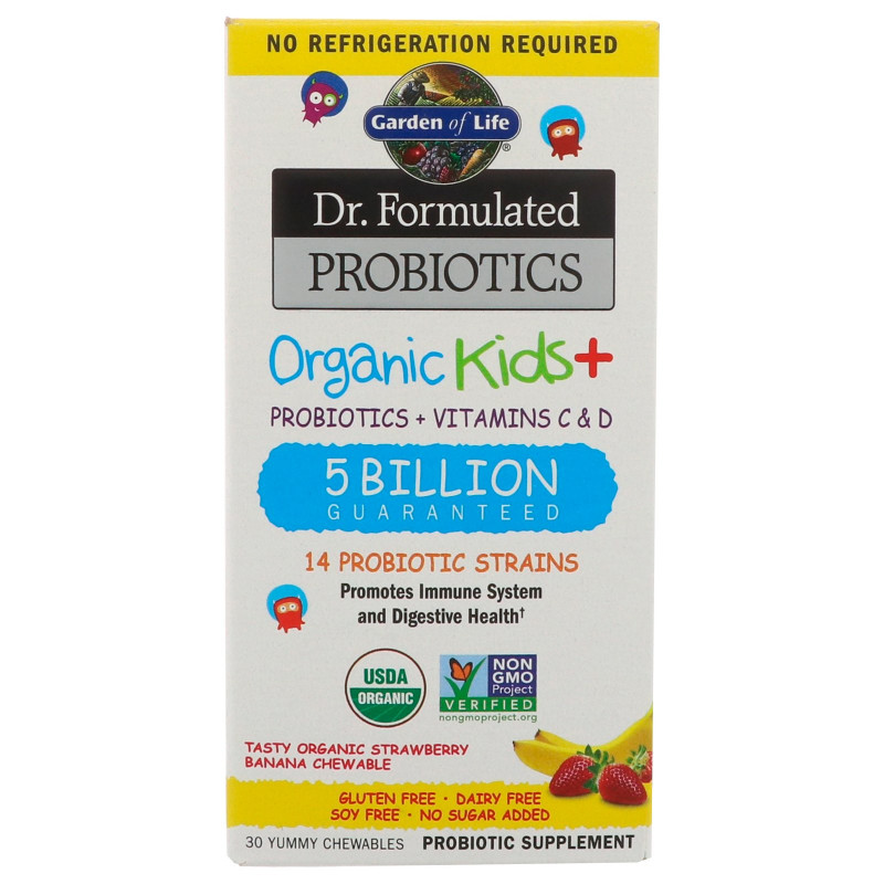 Garden of Life, Пробиотическая добавка Dr. Formulated Probiotics, Organic Kids + витамины C и D, 5 млрд, клюква и банан, 30 жевательных драже