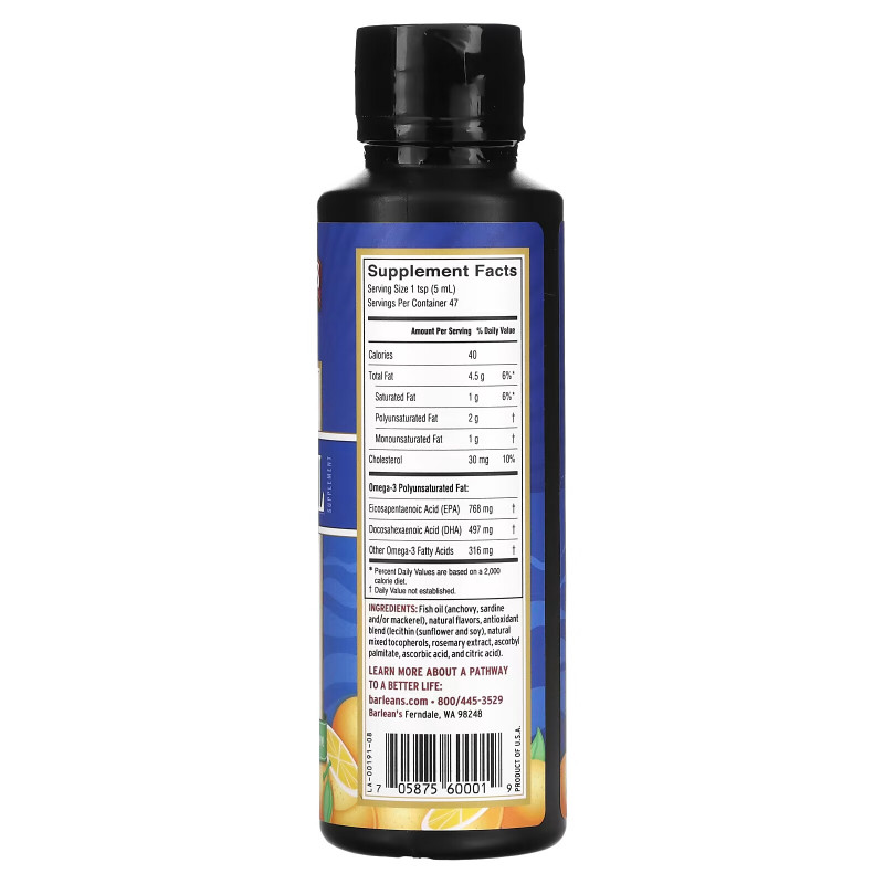 Barlean's Свежий рыбий жир омега-3 EPA/DHA кислоты со вкусом апельсина 8 жидких унций (236 мл)