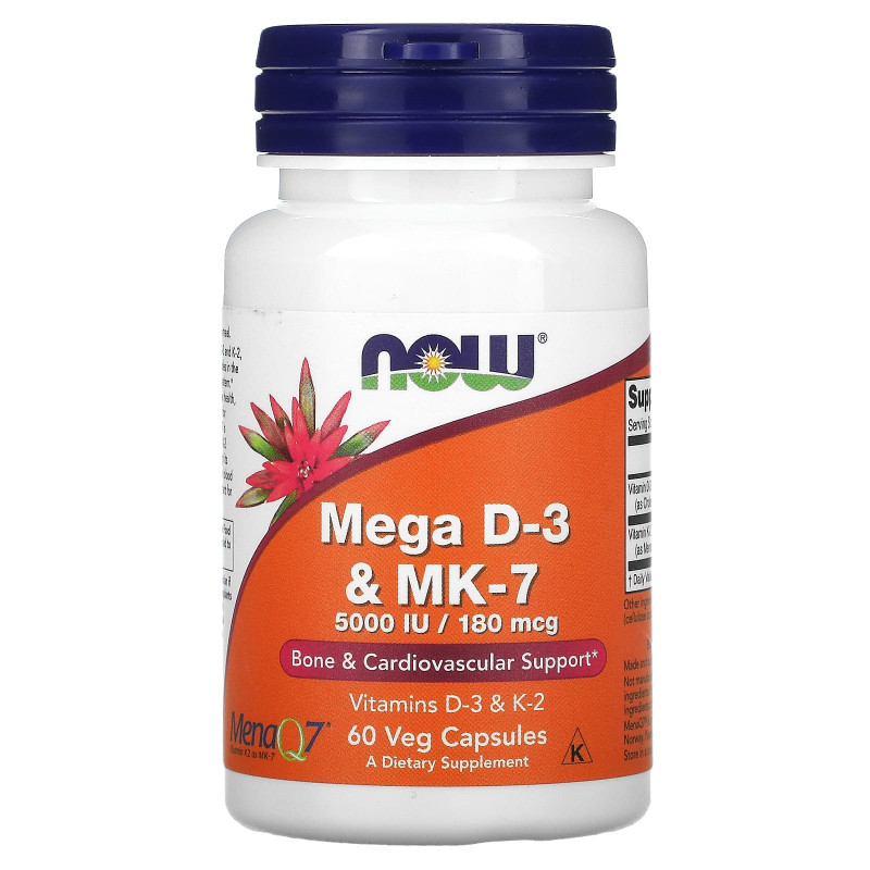 Now Foods, Mega D-3 и MK-7, 5000 МЕ / 180 мкг, 60 вегетарианских капсул