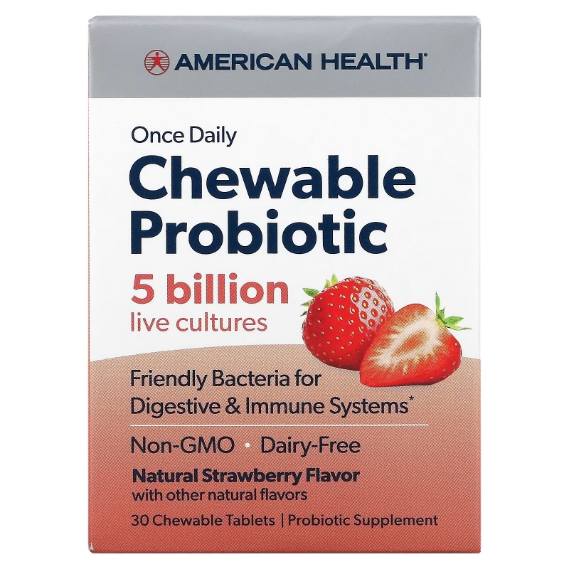 American Health, Once Daily Chewable Probiotic, Natural Strawberry, 5 Billion CFU, 30 Chewable Tablets