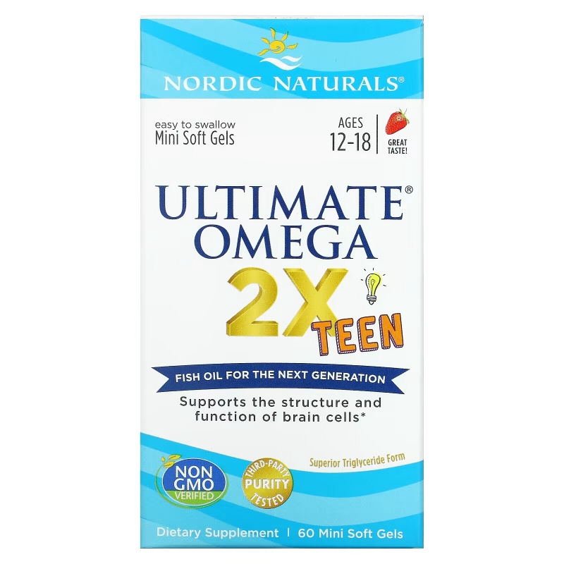 Nordic Naturals, Ultimate Omega 2X Teen, Ages 12-18, Strawberry, 60 Mini Soft Gels