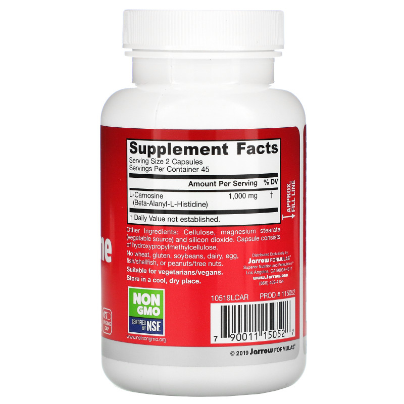 Jarrow Formulas, L-карнозин, бета-аланил-L-хистидин, 500 мг, 90 капсул