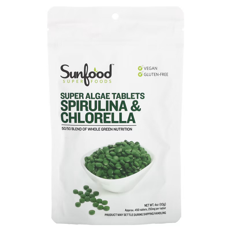 Sunfood, Spirulina & Chlorella, Super Algae Tablets, 250 mg, 456 Tablets