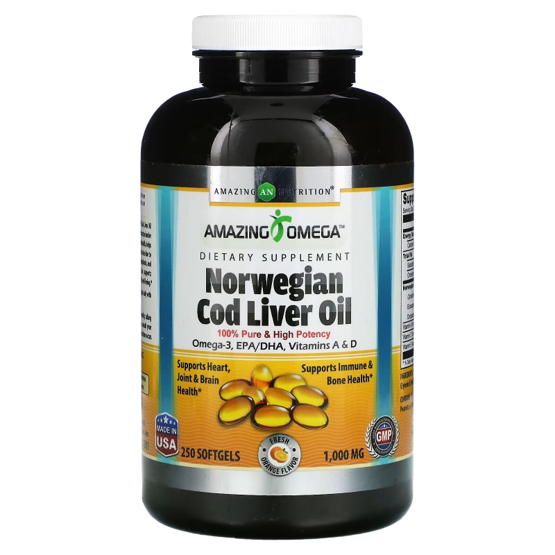 Amazing Nutrition, Norwegian Cod Liver Oil, Fresh Orange, 1,000 mg, 250 Softgels