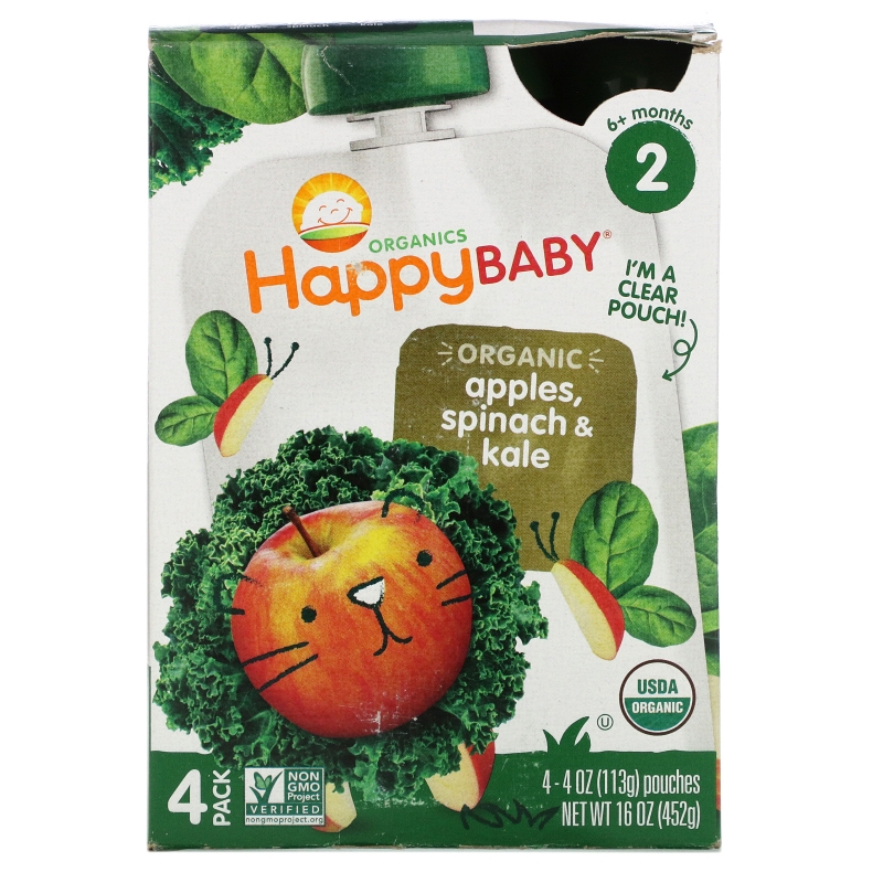 Nurture Inc. (Happy Baby), Organics Happybaby, Simple Combos, Spinach, Apples & Kale, Stage 2, 4 Pouches, 4 oz (113 g) Each