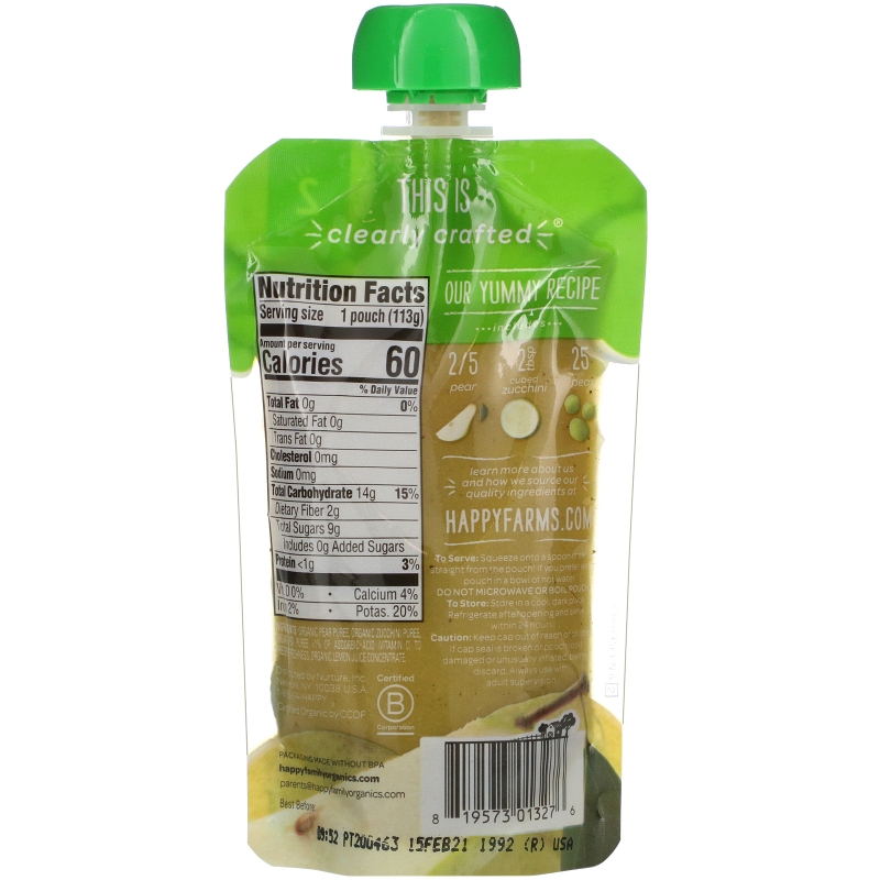 Nurture Inc. (Happy Baby), Organic Baby Food, Pears, Zucchini & Peas, Stage 2, 6+ Months, 4.0 oz (113 g)