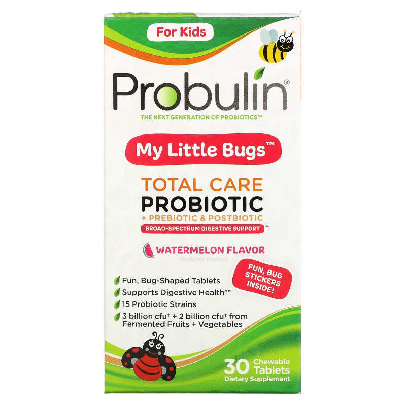 Probulin, For Kids, My Little Bugs, Total Care Probiotic + Prebiotic & Postbiotic, Watermelon , 30 Chewable Tablets