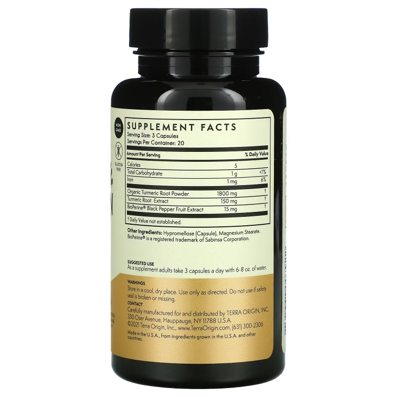 Terra Origin, Куркумин, куркумин и биоперин, 60 растительных капсул