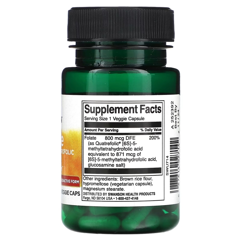 Swanson, Folate, 5-Methyltetrahydrofolic Acid, 800 mcg, 30 Veggie Caps